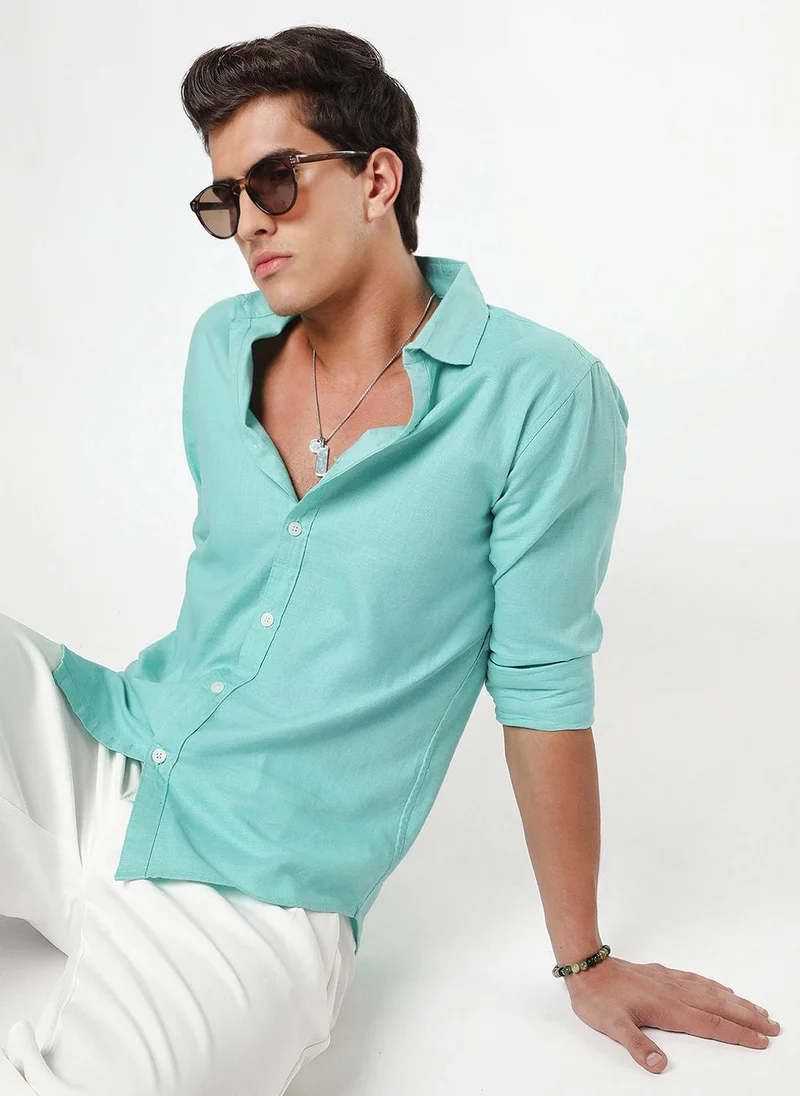 Urbano Fashion Urbano Fashion Men's Light Teal Linen Blend Full Sleeve Relaxed Fit Casual Solid Shirt
